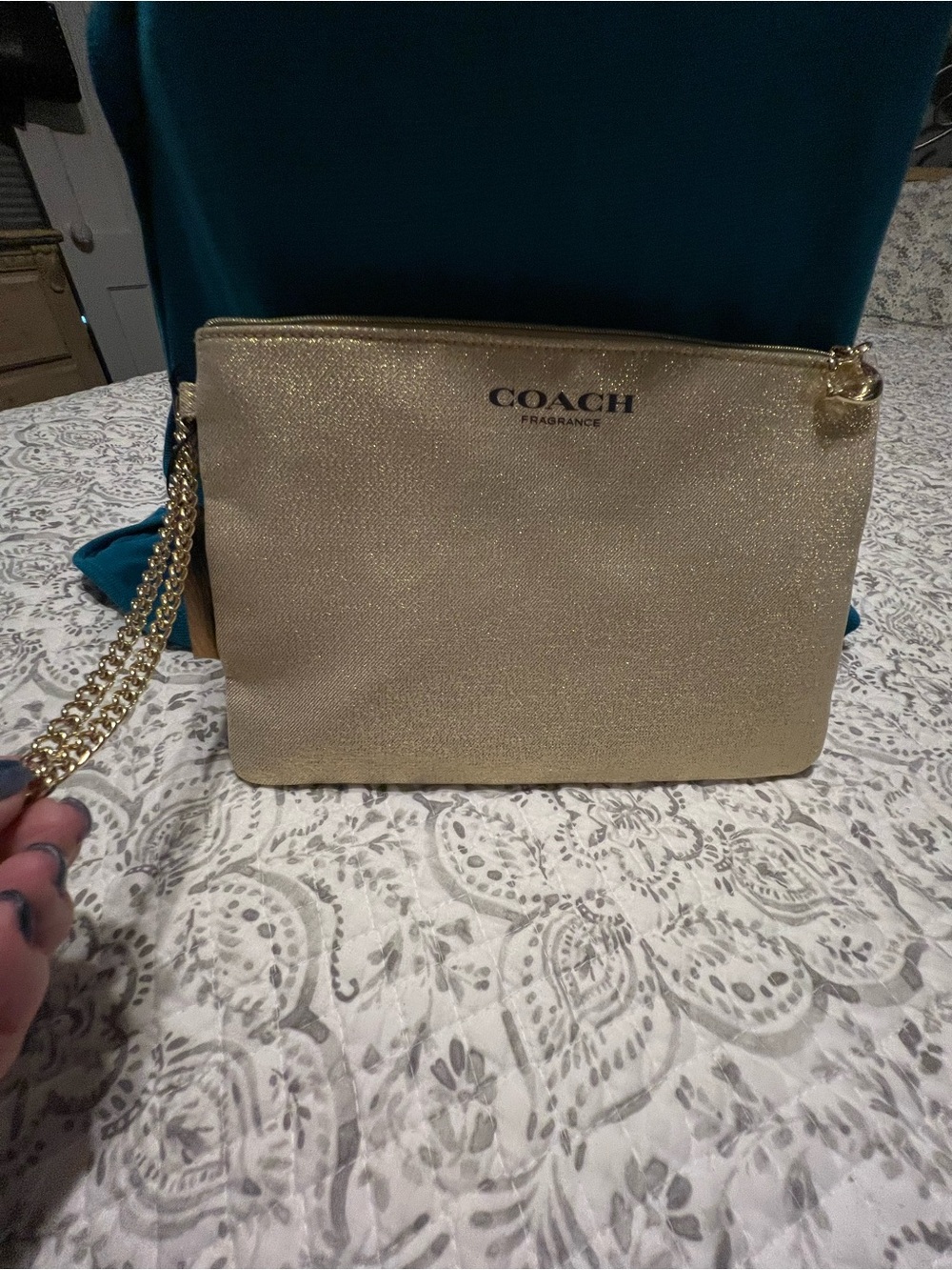 COACH Fragrance  Gold Glitter Zip Wristlet with Chain Strap